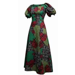 Rose Green Long Dress Goodtime Sz 1X Puff Sleeves Cottage Boho Romantic Ethnic